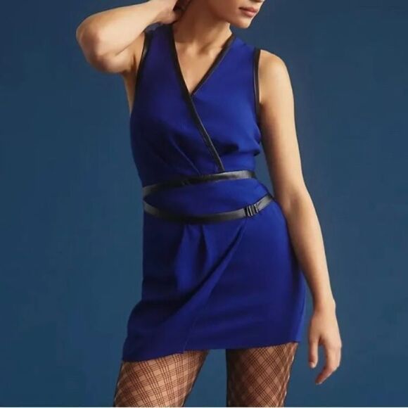 NWT Anthropologie Maeve V-Neck Mini Dress Royal Blue Black Faux Leather Trim 10 - Picture 1 of 15